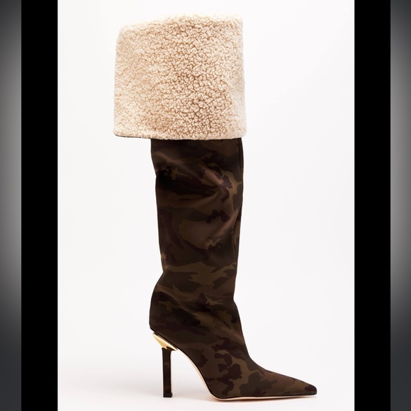 New Good American High Kickstand Camo Neoprene Knee High Sherpa heeled boot 8.5